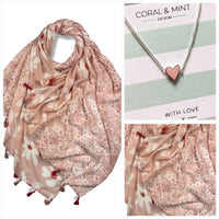 Pink Daisy Scarf & Heart Necklace Set