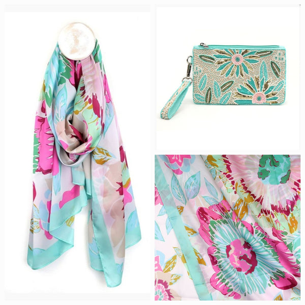 Aqua Floral Scarf & Beaded Purse Set