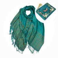 Teal Pashmina Scarf & Embroidered Velvet Bee Purse with tassel