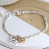 Golden heart & dog triple strand bracelet