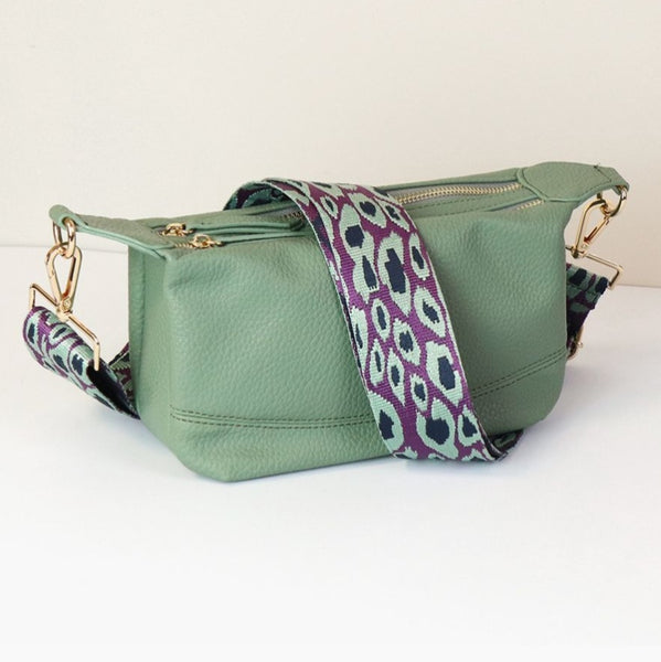 Eucalyptus Green Vegan Leather Bag with Leopard Print Strap