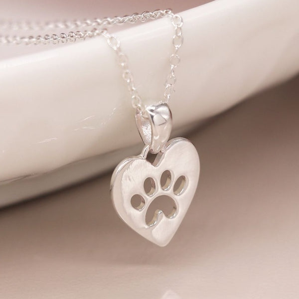 Sterling silver heart paw print necklace