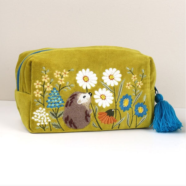 Embroidered Hedgehog & Wildflowers Chartreuse Velvet Make Up Bag