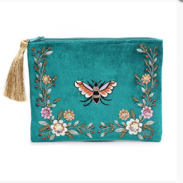 Teal Velvet Floral Bee Purse