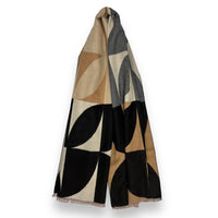 Blacca retro print cashmere blend scarf in camel, black & grey