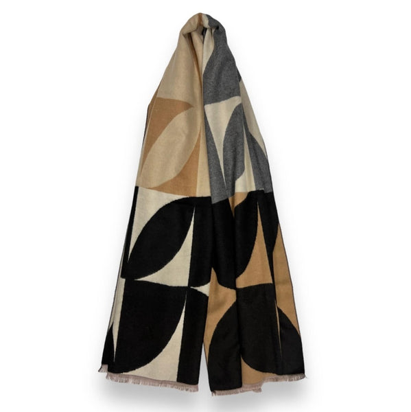 Blacca retro print cashmere blend scarf in camel, black & grey