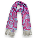 Fuchsia pink leopard print hearts on an ocean blue scarf with tassels