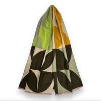 Mustaki retro print cashmere blend scarf in lime, chocolate & mustard