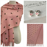 Pink Bee Scarf & Heart Earrings Set