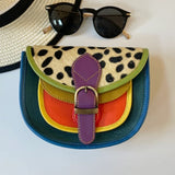 Colourful leather offcuts dark teal with leopard spots flap crossbody bag