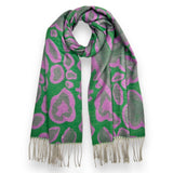 Lilac leopard heartshapes on a emerald green scarf with tassels