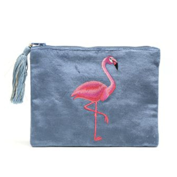 Dusky Blue Velvet Flamingo Purse