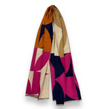 Hot navy & pink retro print cashmere blend scarf in navy, hot pink & burnt orange