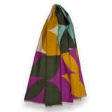 Turgenta retro print cashmere blend scarf in mustard purple & ocean blue