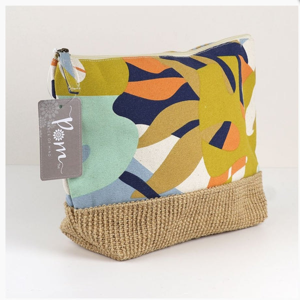 Blue & mustard tropical travel pouch