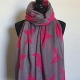 Fuchsia pink big stars on a grey scarf