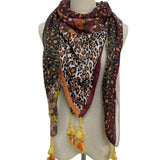 Burgundy Leopard & Floral Square Scarf